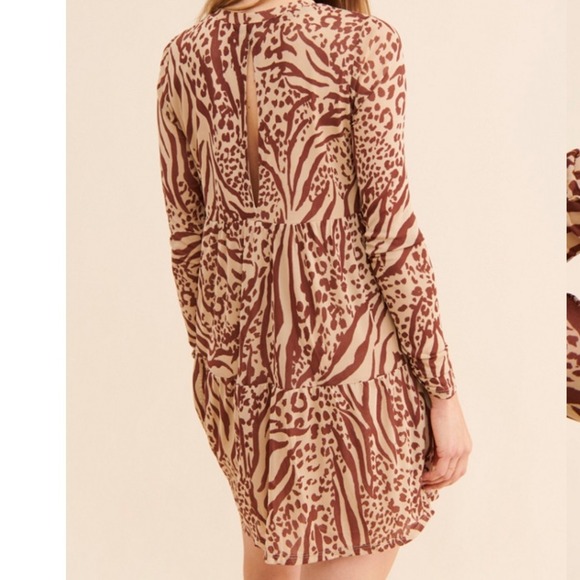 AFRM Mini Babydoll Dress Animal Print‎ Long Sleeve Bronze Tan Small S - Picture 2 of 8